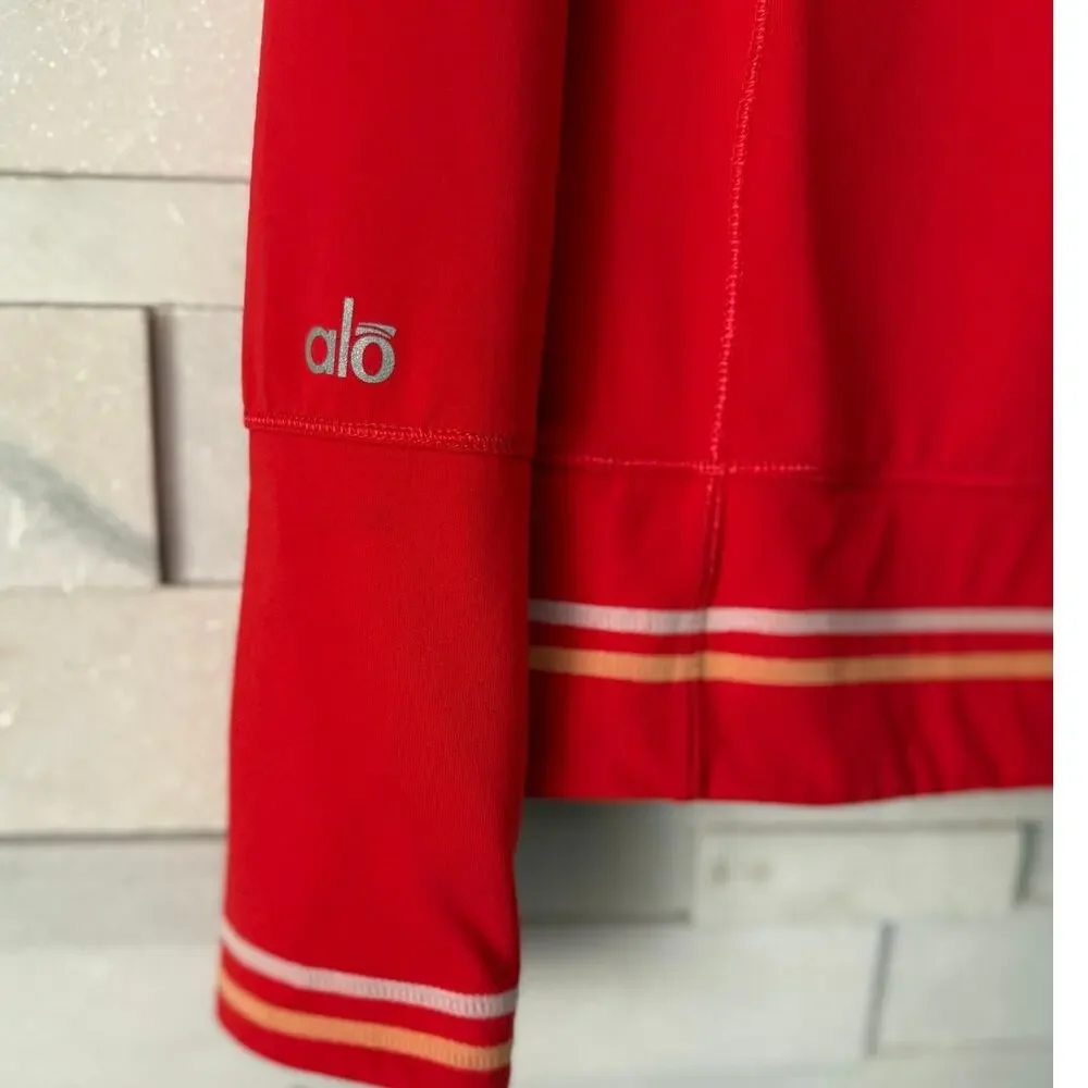 ALO YOGA COOLFIT Full Zip Stand Collar Stripe Detailed Nylon Track Jacket S Red